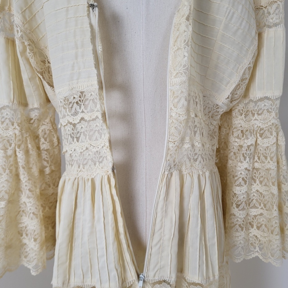 1970's Mexican Wedding Dress Cream Midi Long Sleeve Lace Pleats V-neck Tiered - Picture 12 of 16